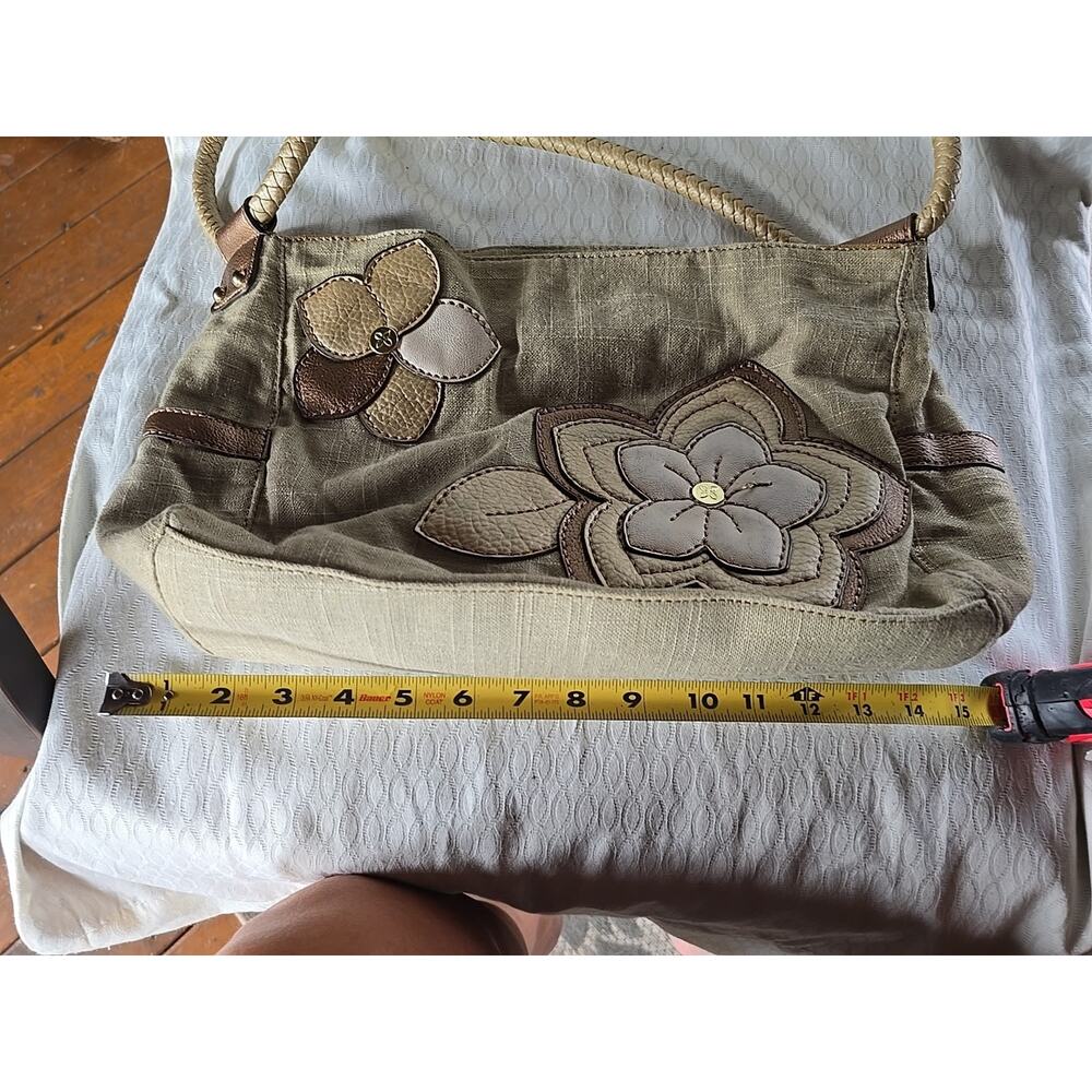 Relic Purse Beige Canvas Tea Rose Appliqué Double Shoulder Strap Hobo Handbag - Picture 10 of 11